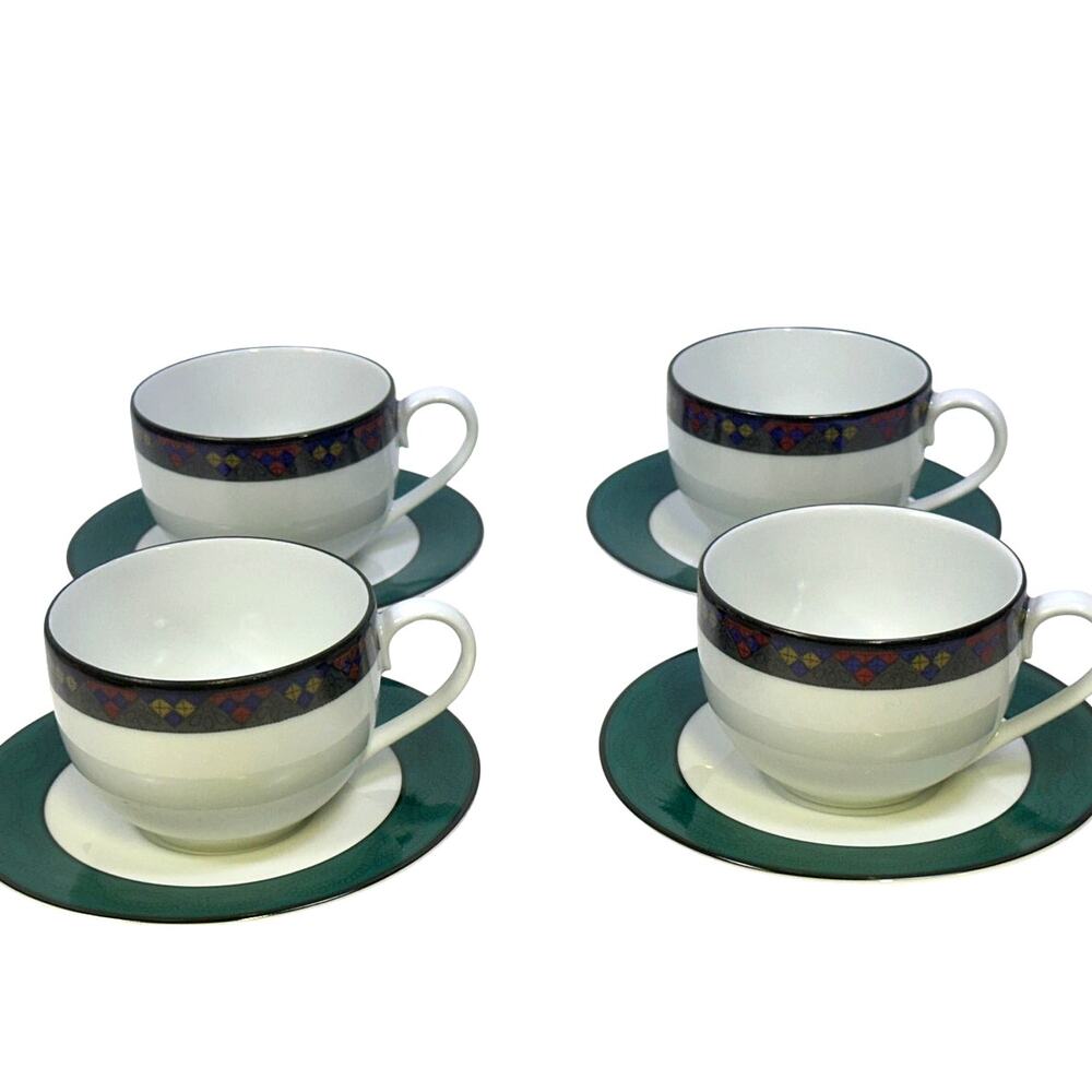 Dansk Portugal Retired 1993-1998 'Quiltings Emerald Braid' Cup & Saucer-Set of 4